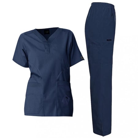 سكراب نسائي أزرق غامق V طويل جميل 4جيوب أماميه مع بنسات أماميه و3 جيوب بالبنطلون مع لستك وخيط موديل رقم RASL020