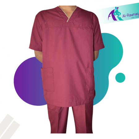 سكراب رجالي كامل فوق+تحت عنابي Y مع شريط ابيض + 2جيب و1 باليد 3بالبنطلون بنسه بالصدر رقم RASM005