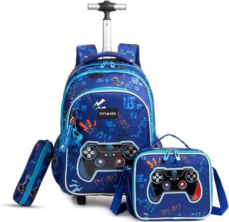 مجموعة حقيبة مدرسية بعجلات مقاس 18 انش مكونة من 3 قطع مع حقيبة غداء ومقلمة أقلام من ايزي كيدز - ازرق
