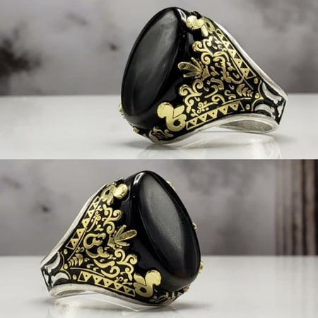 خاتم حسب الطلب اسمك وحرفك وحرف من تحب مع عقيق يماني اسود