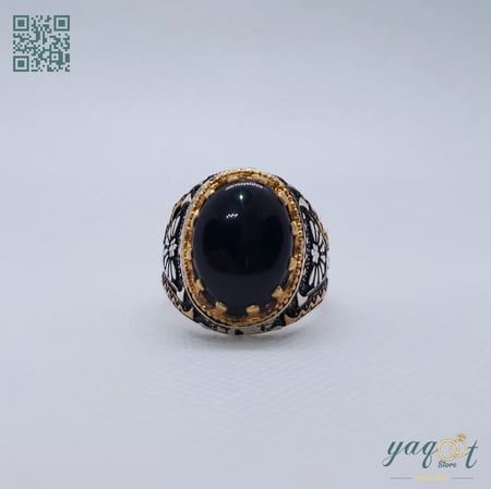 خاتم فضه مع عقيق يماني أسود