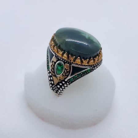 خاتم  فضة عقيق يمني أخضر - ياقوت ستور