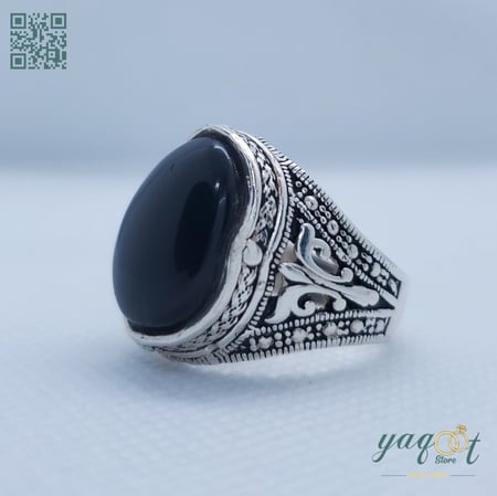 خاتم فضه مع عقيق يماني اسود