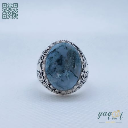 خاتم  فضة بعقيق يمني طحلبي سماوي