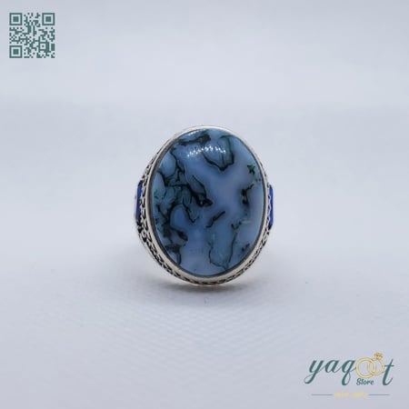 خاتم  فضه مع عقيق يماني سماوي