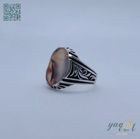 خاتم  فضة عقيق يمني مزهّر