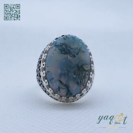 خاتم فضه مع عقيق يماني طحلبي