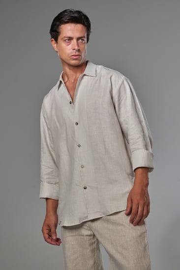 قميص كتان بيج لؤلؤي كم طويل