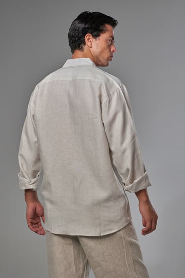 قميص كتان بيج لؤلؤي كم طويل