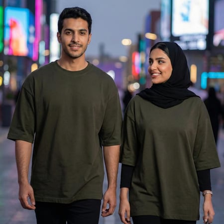 تيشيرت اوفر سايز زيتي سادة قطني مناسب للجنسين بمقاسات واسعة