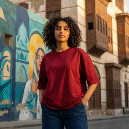 تيشيرت اوفر سايز قطن عنابي يبرز اللون العميق وجودة التصنيع الفاخرة.