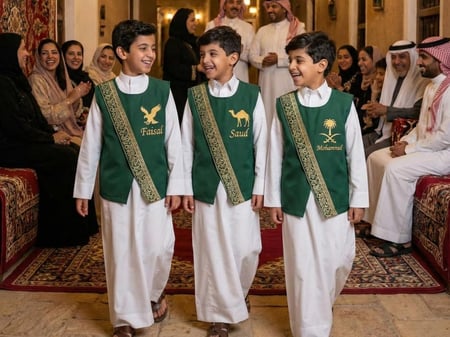 أرقى سديري أطفال سادة أخضر بتطريز ذهبي ليوم التأسيس