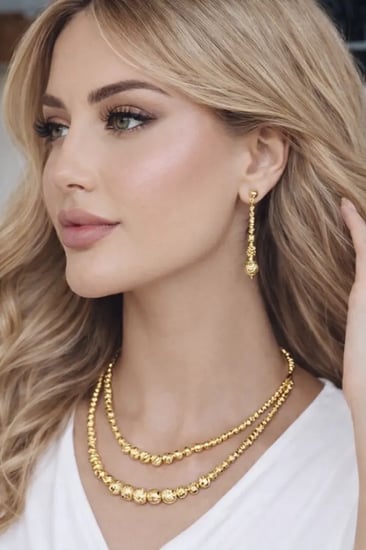 طقم دقة الذهب مكون من سلسال مزدوج قصير مع حلق بتصميم محاكى للذهب ..                 MS-040