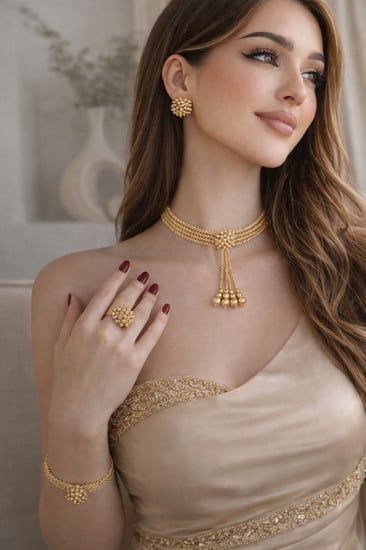 طقم بديل ذهب فاخر بتصميم زهرة مركزية ملكية.                            MS-071