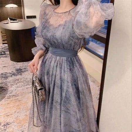 فستان صيفي مزين بطباعة  بأكمام منتفخة  , متوسط الطول