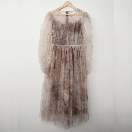 فستان صيفي مزين بطباعة  بأكمام منتفخة  , متوسط الطول