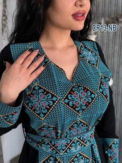 فستان كريب شرايح معينه تطريز فلسطينى