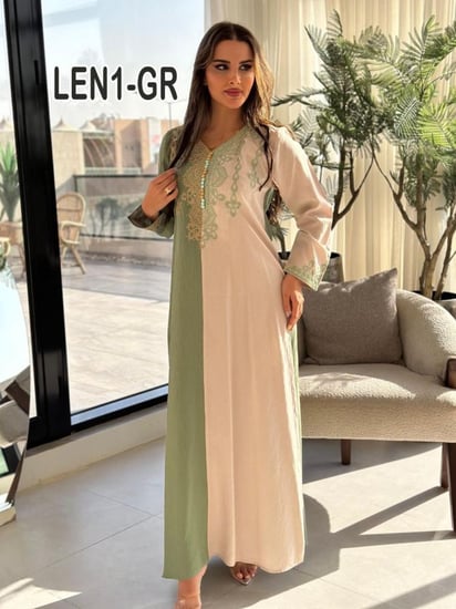 جلابيه تطريز لينن مع شك خليجى