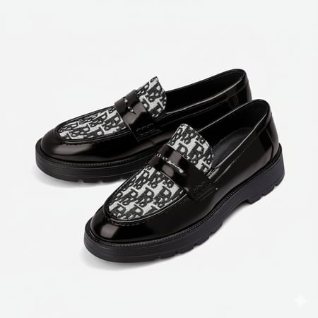 حذاء لوفر أسود جلد لامع بقماش لتهوية القدم