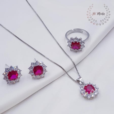 طقم فضة 925 وزركون روبي
