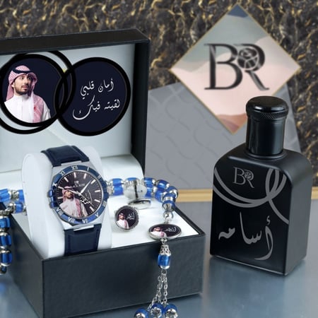 أطقم ساعات رجالية راقية سير جلد تصميم حديث مع إكسسوارات بالصورة وكتابة الإسم وعبارة الإهداء حسب الطلب موديل MN-851