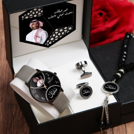 أطقم ساعات رجالية راقية مع مجموعة إكسسوارات أنيقة بتصميم خاص للصورة والإسم والعبارة حسب الطلب