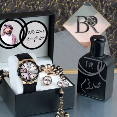 أطقم ساعات رجالية راقية سير جلد تصميم حديث مع إكسسوارات بالصورة وكتابة الإسم وعبارة الإهداء حسب الطلب موديل MN-851