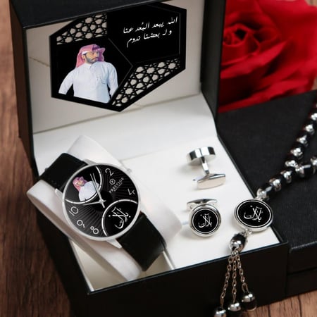 أطقم ساعات رجالية راقية مع مجموعة إكسسوارات أنيقة بتصميم خاص للصورة والإسم والعبارة حسب الطلب