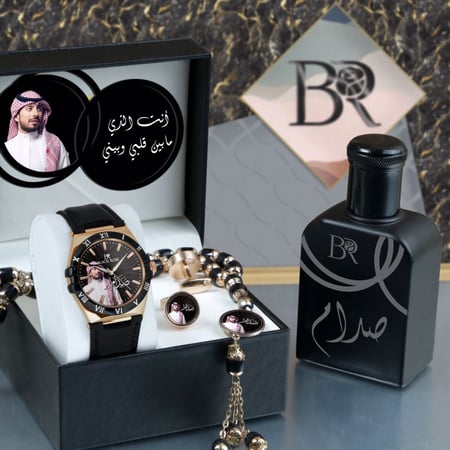 أطقم ساعات رجالية راقية سير جلد تصميم حديث مع إكسسوارات بالصورة وكتابة الإسم وعبارة الإهداء حسب الطلب موديل MN-851