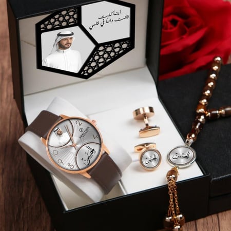 أطقم ساعات رجالية راقية مع مجموعة إكسسوارات أنيقة بتصميم خاص للصورة والإسم والعبارة حسب الطلب