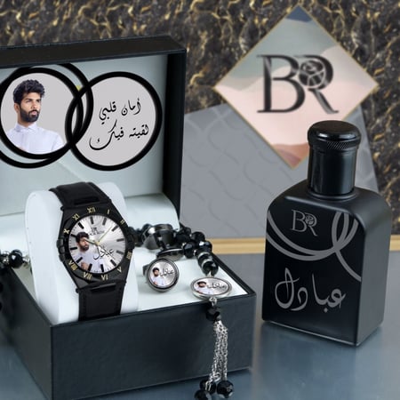 أطقم ساعات رجالية راقية سير جلد تصميم حديث مع إكسسوارات بالصورة وكتابة الإسم وعبارة الإهداء حسب الطلب موديل MN-851