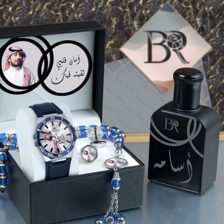 أطقم ساعات رجالية راقية سير جلد تصميم حديث مع إكسسوارات بالصورة وكتابة الإسم وعبارة الإهداء حسب الطلب موديل MN-851