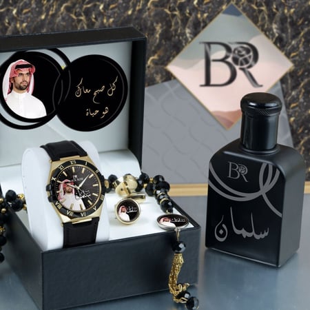 أطقم ساعات رجالية راقية سير جلد تصميم حديث مع إكسسوارات بالصورة وكتابة الإسم وعبارة الإهداء حسب الطلب موديل MN-851