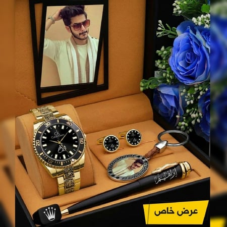 أطقم ساعات رجالية بتصميم مميز وراقي مع إكسسوارات أنيقة بالإسم والصورة حسب الطلب موديل MN-624