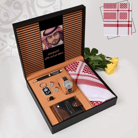 اهداء رجالي بوكس شماغ طقم ساعه واكسوارات و عباره من اختيار العميلالموديل HM-90535