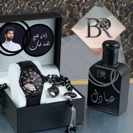 أطقم ساعات رجالية راقية سير جلد تصميم حديث مع إكسسوارات بالصورة وكتابة الإسم وعبارة الإهداء حسب الطلب موديل MN-851