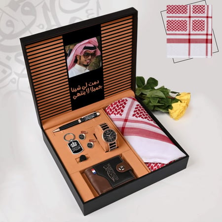 اهداء رجالي بوكس شماغ طقم ساعه واكسوارات و عباره من اختيار العميلالموديل HM-90535