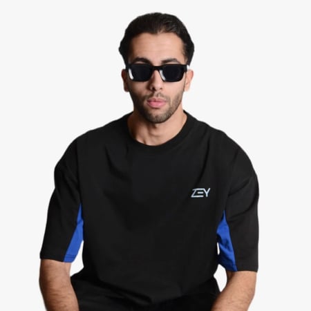 تيشيرت أوفر سايز أسود وأزرق قطن للجنسين