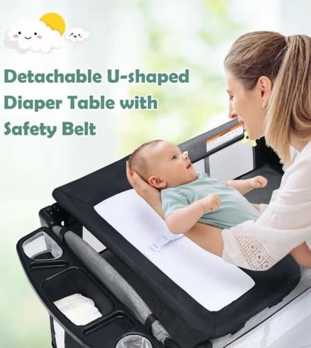 سرير ومحبس متعدد المواصفات 5 في 1 مع طاولة غيار وناموسية