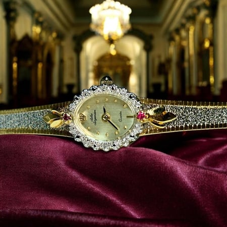 ساعه عتيقة نادرة بتصميم جذاب باللونين الفضي والذهبي ومزينة بحبات الالماس الطبيعي . من ماركة Jules Jurgensen من عام 1990م. الساعه تعمل بشكل ممتاز . مقاس 6 ونصف انش.