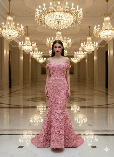 فستان سهرة طويل باللون الوردي، بتصميم حورية