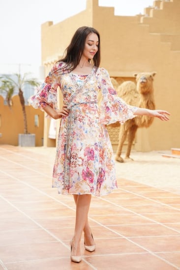 فستان مشجر قصير قطعتين شيفون مع بطانة طبي