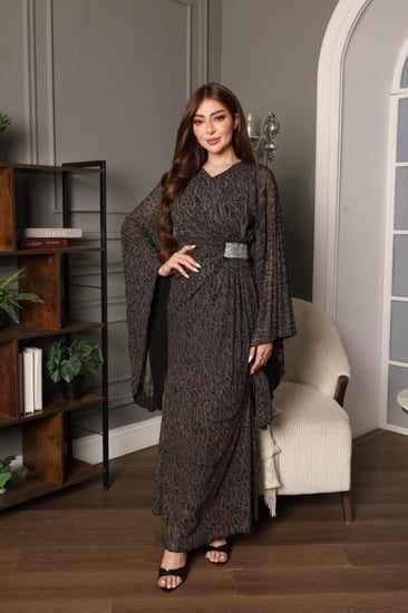 فستان تل ب لمعه وبرنت فخم مع اكمام واسعة