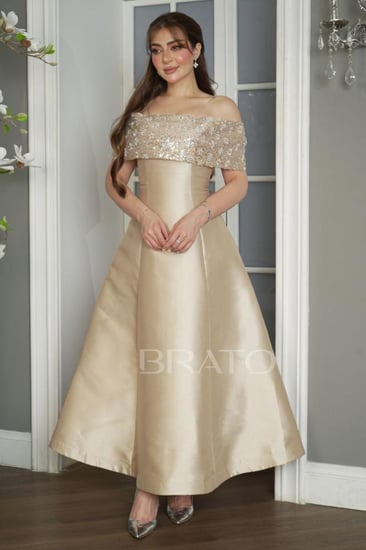 فستان ساتان ذهبي شامبين بكاب مطرز بالكريستال
