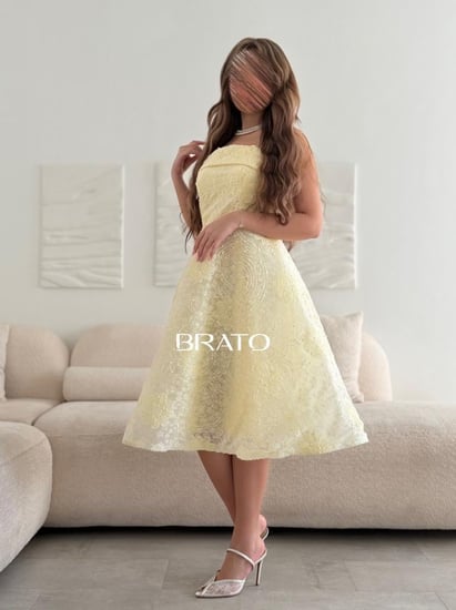 فستان سهرة ميدي أصفر ليموني بدانتيل مورد