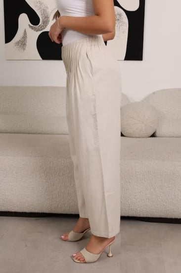 بنطلون بتكسير قطن مع كتان ناعم بيج