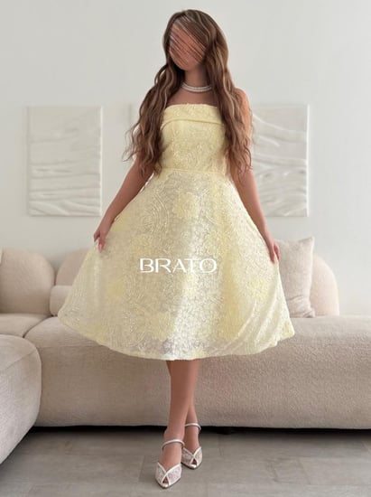 فستان سهرة ميدي أصفر ليموني بدانتيل مورد