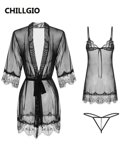 CHILLGIO المرأة مثير الدانتيل ثوب النوم الدعاوى الصيف ملابس خاصة شفافة 3 قطعة منامة وتتسابق السباغيتي حزام فستان الشمس مجموعة