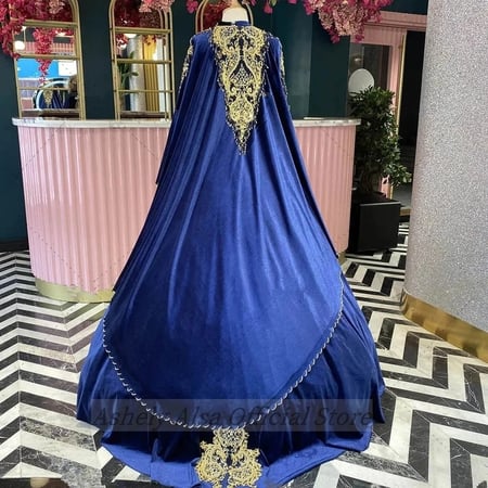 فساتين سهرة مغربية زرقاء ملكية ، فستان حفلة موسيقية تركي إسلامي ، رقبة عالية فاخرة ، رأس بأكمام قفطان ، حقيقي