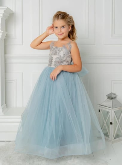 BABYONLINE كم طويل ابيض عاجي زهرة فتاة فساتين الخامس الرقبة لحفلات الزفاف ضيف الاطفال وصيفة الشرف مع القوس الدانتيل Appqulies تول